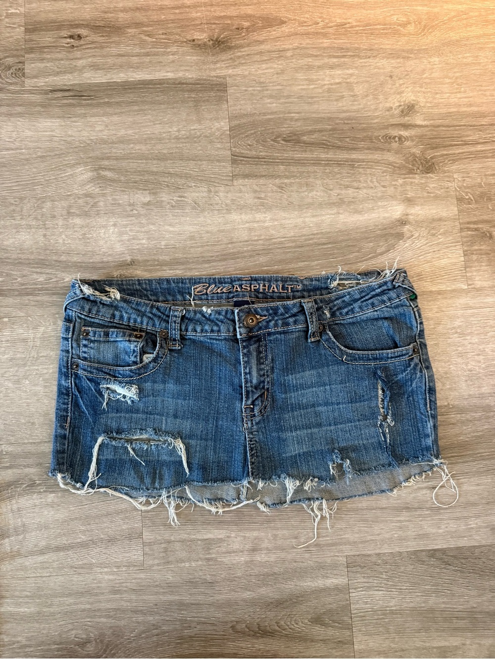 Blue Asphalt Distressed Denim Mini Skirt - Blue